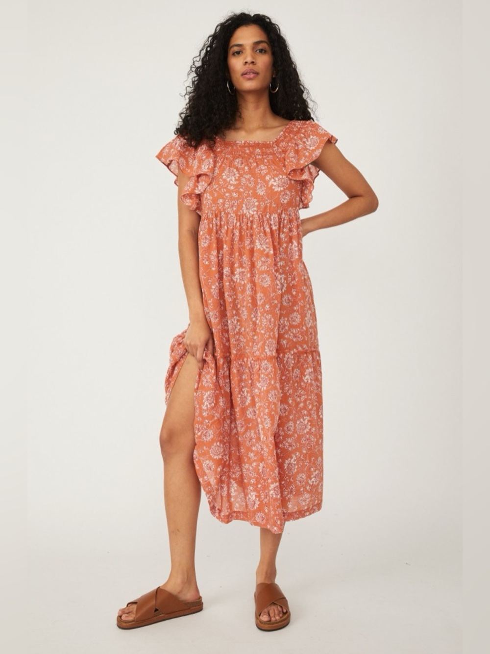 Free People Bonita Printed Midi Dress Orange Size small cotton floral ruched